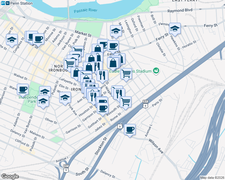 map of restaurants, bars, coffee shops, grocery stores, and more near 107 Niagara Street in Newark