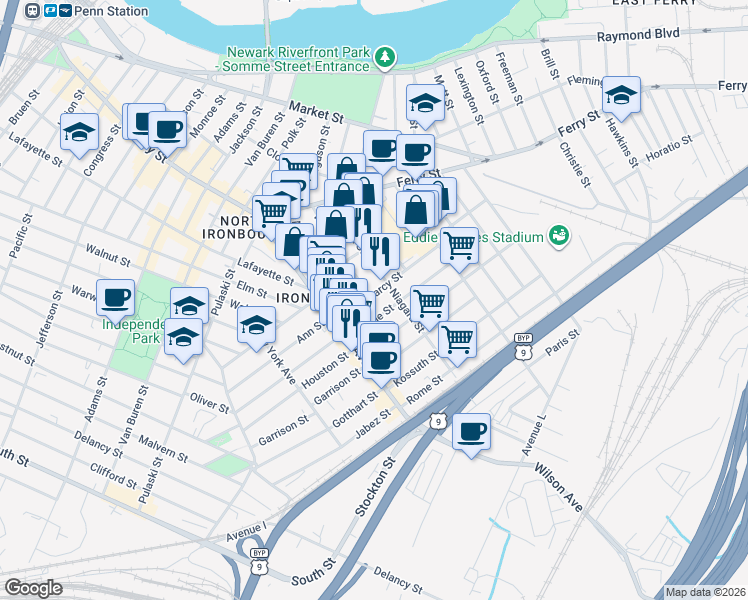 map of restaurants, bars, coffee shops, grocery stores, and more near 27 Darcy Street in Newark