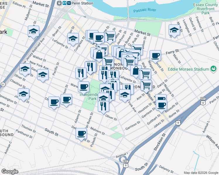 map of restaurants, bars, coffee shops, grocery stores, and more near 257 New York Avenue in Newark