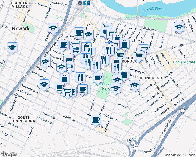 map of restaurants, bars, coffee shops, grocery stores, and more near in Newark