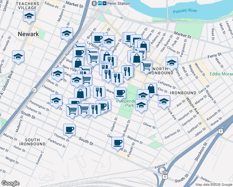 map of restaurants, bars, coffee shops, grocery stores, and more near 81 Nichols Street in Newark