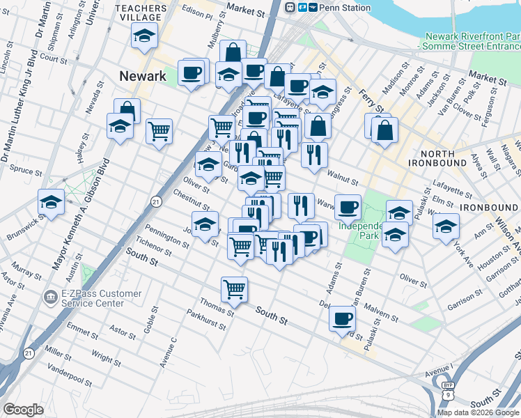 map of restaurants, bars, coffee shops, grocery stores, and more near in Newark