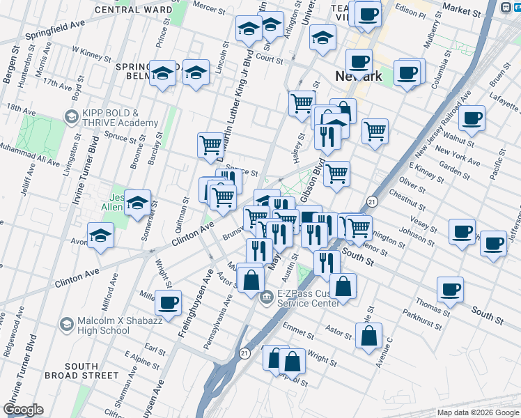 map of restaurants, bars, coffee shops, grocery stores, and more near 15 Thomas Street in Newark