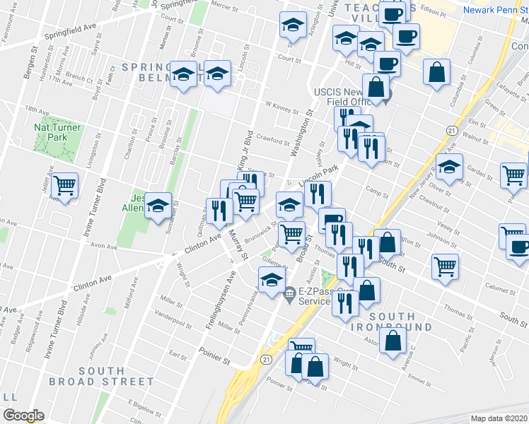 map of restaurants, bars, coffee shops, grocery stores, and more near 15 Thomas Street in Newark