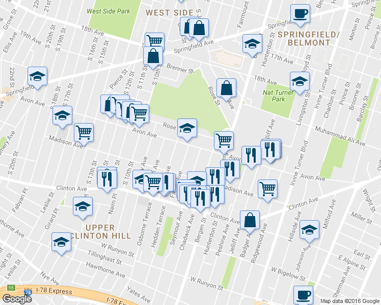 map of restaurants, bars, coffee shops, grocery stores, and more near 15 Farley Avenue in Newark