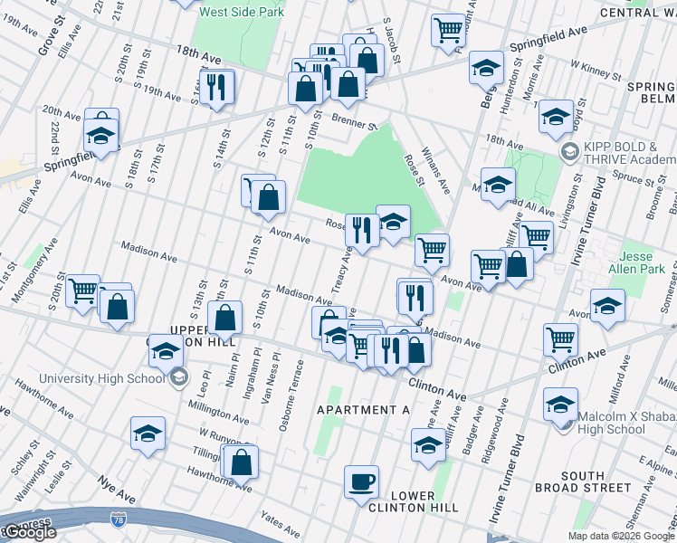 map of restaurants, bars, coffee shops, grocery stores, and more near 49 Treacy Avenue in Newark