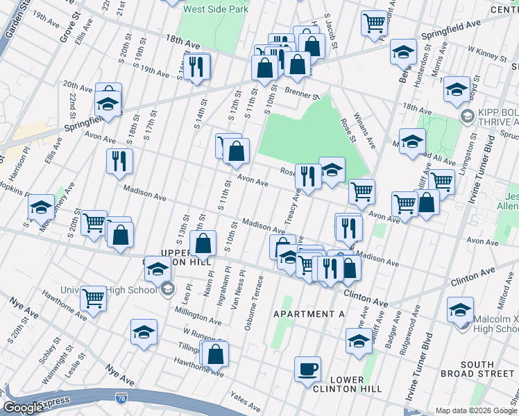 map of restaurants, bars, coffee shops, grocery stores, and more near 58 Shanley Avenue in Newark