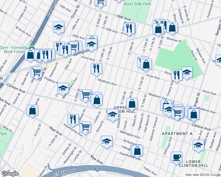 map of restaurants, bars, coffee shops, grocery stores, and more near 844 South 15th Street in Newark