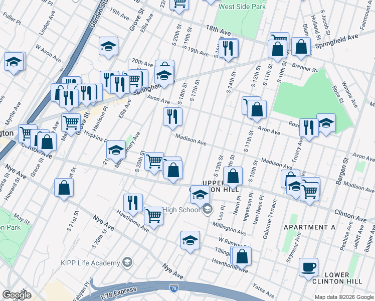 map of restaurants, bars, coffee shops, grocery stores, and more near 877 South 16th Street in Newark