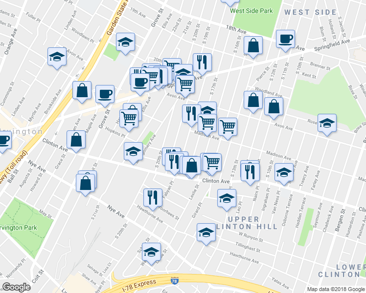 map of restaurants, bars, coffee shops, grocery stores, and more near 896 South 18th Street in Newark