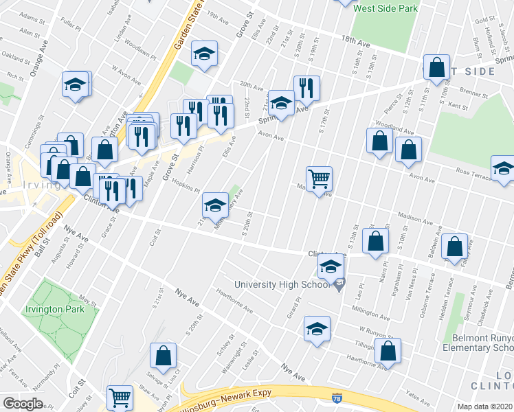 map of restaurants, bars, coffee shops, grocery stores, and more near 905 South 19th Street in Newark