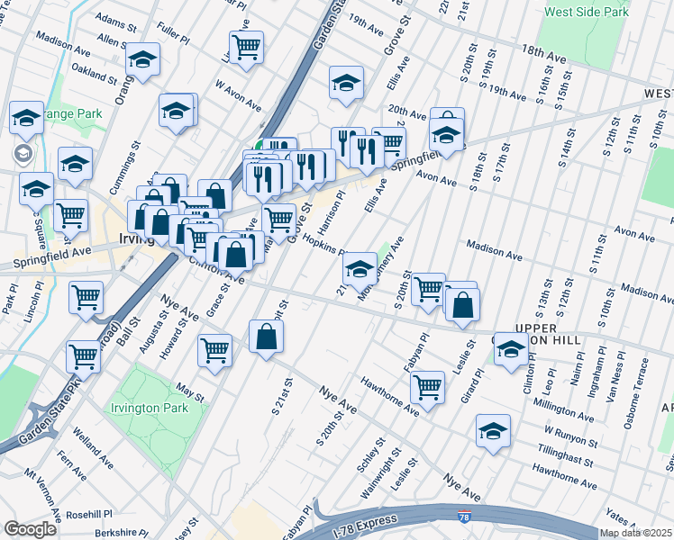 map of restaurants, bars, coffee shops, grocery stores, and more near 24 Ellis Avenue in Irvington