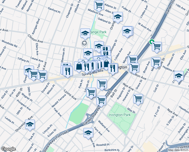 map of restaurants, bars, coffee shops, grocery stores, and more near 667 Nye Avenue in Irvington