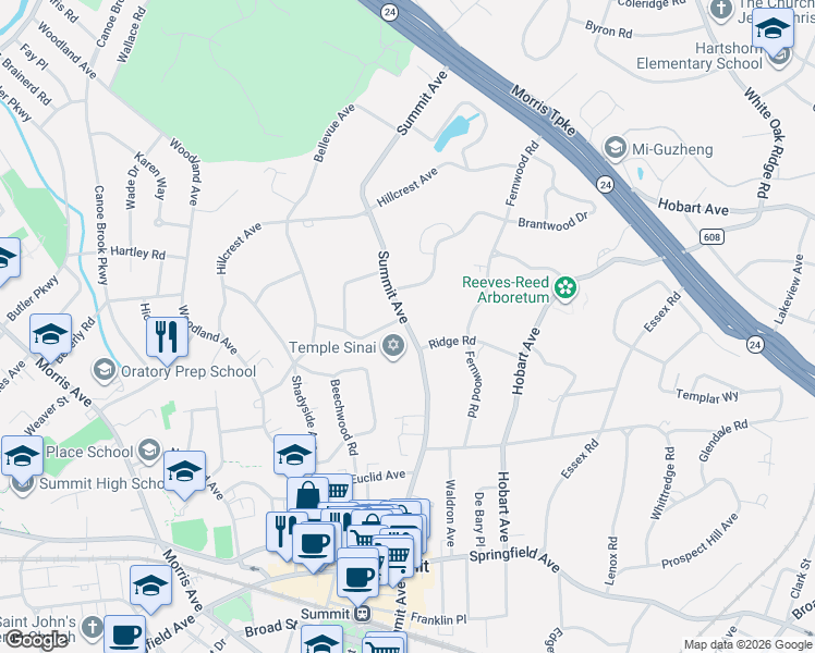map of restaurants, bars, coffee shops, grocery stores, and more near 10 Badeau Avenue in Summit