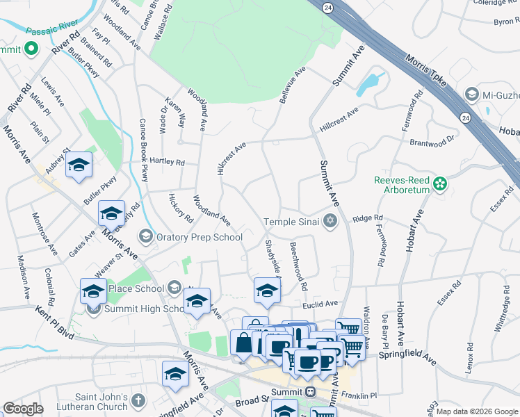 map of restaurants, bars, coffee shops, grocery stores, and more near 146 Beechwood Road in Summit