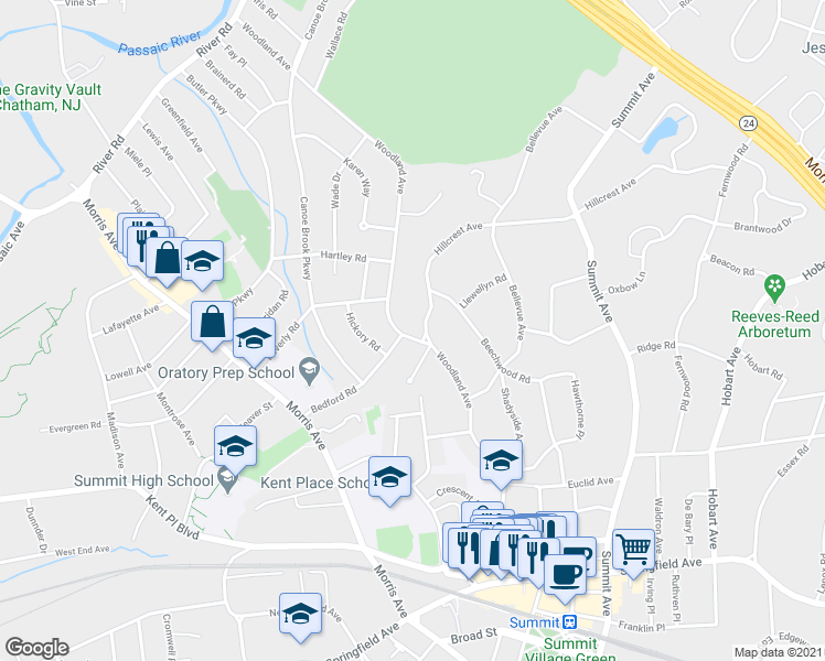map of restaurants, bars, coffee shops, grocery stores, and more near 120 Woodland Avenue in Summit