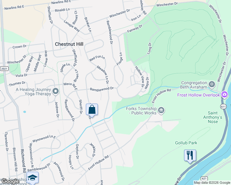 map of restaurants, bars, coffee shops, grocery stores, and more near 2313 Hollow View Drive in Easton