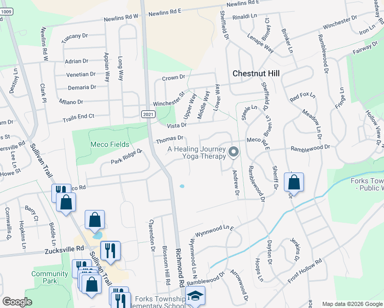 map of restaurants, bars, coffee shops, grocery stores, and more near 2400 Jamie Court in Easton