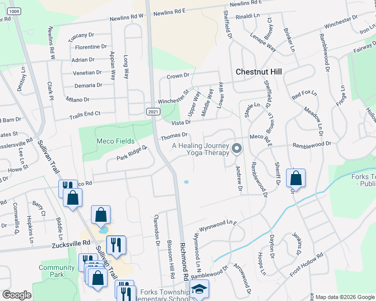 map of restaurants, bars, coffee shops, grocery stores, and more near 2400 Jamie Court in Easton