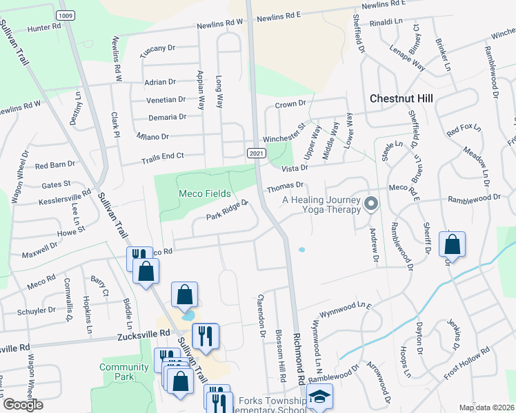 map of restaurants, bars, coffee shops, grocery stores, and more near 222 Park Ridge Drive in Easton