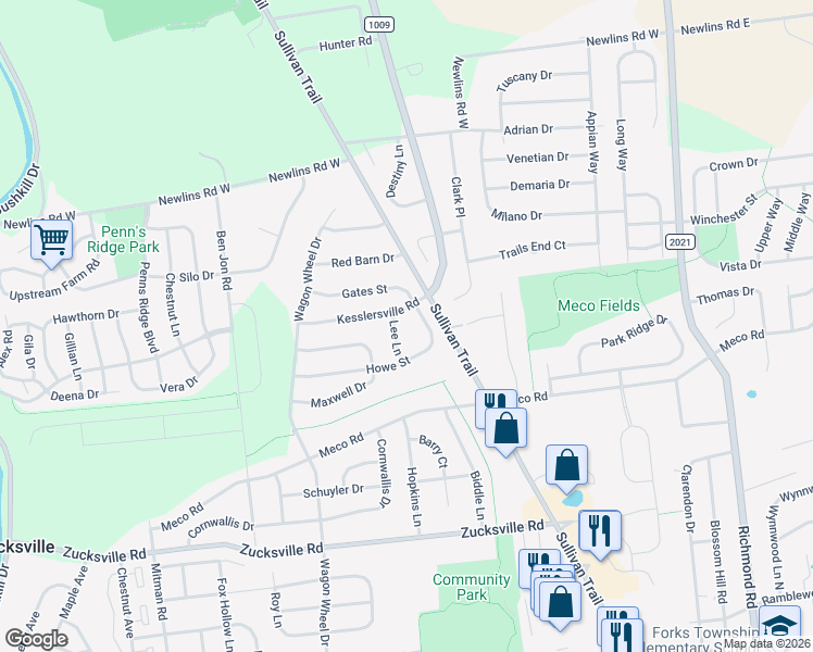 map of restaurants, bars, coffee shops, grocery stores, and more near 2286 Lee Lane in Easton