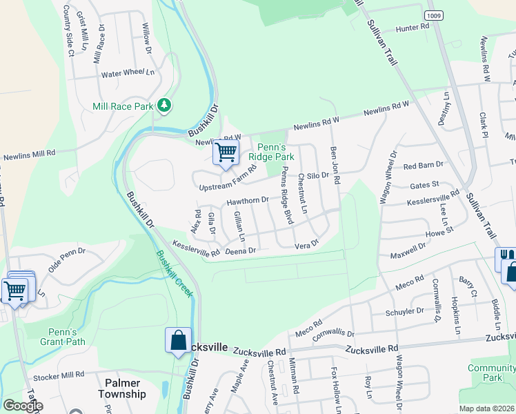 map of restaurants, bars, coffee shops, grocery stores, and more near 2535 Jeannette Lane in Easton
