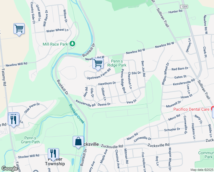 map of restaurants, bars, coffee shops, grocery stores, and more near 2575 Jeannette Lane in Easton