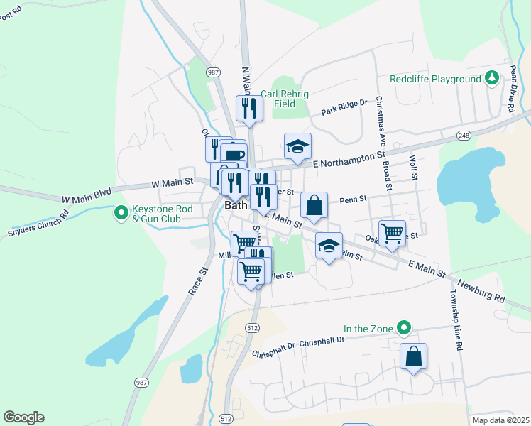 map of restaurants, bars, coffee shops, grocery stores, and more near 208 South Walnut Street in Bath