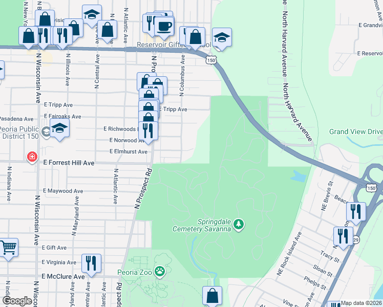 map of restaurants, bars, coffee shops, grocery stores, and more near 1439 East Forrest Hill Avenue in Peoria