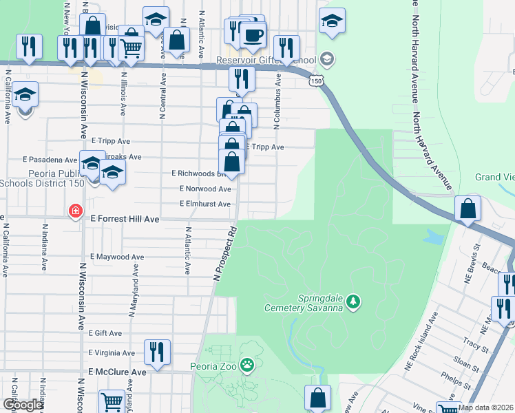 map of restaurants, bars, coffee shops, grocery stores, and more near 1411 East Forrest Hill Avenue in Peoria
