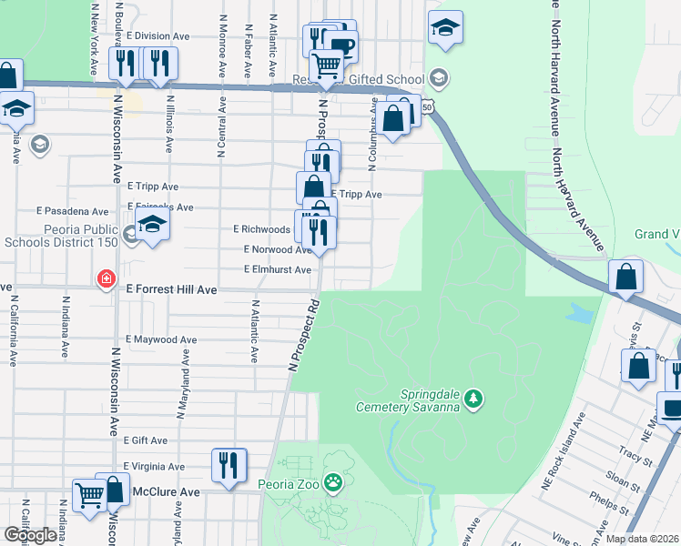 map of restaurants, bars, coffee shops, grocery stores, and more near 3108 N Prospect Rd in Peoria