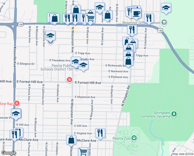 map of restaurants, bars, coffee shops, grocery stores, and more near 1013 East Forrest Hill Avenue in Peoria