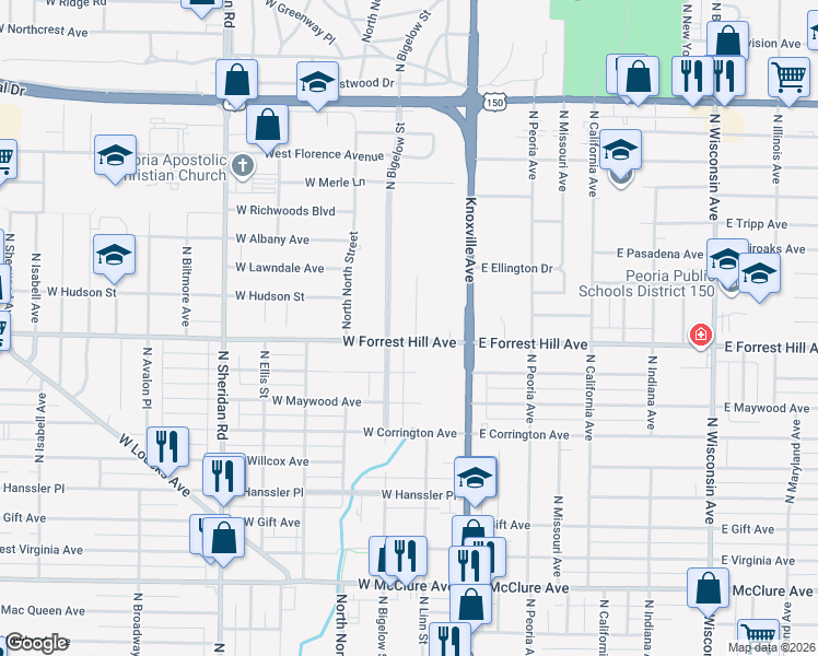 map of restaurants, bars, coffee shops, grocery stores, and more near 211 West Forrest Hill Avenue in Peoria