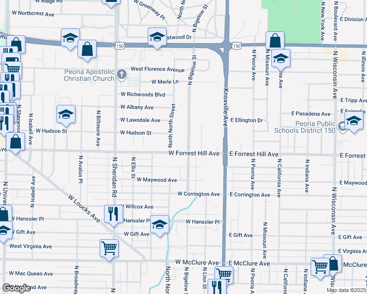 map of restaurants, bars, coffee shops, grocery stores, and more near 321 West Forrest Hill Avenue in Peoria