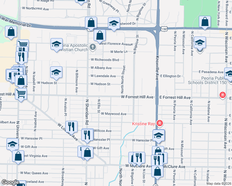 map of restaurants, bars, coffee shops, grocery stores, and more near 427 West Forrest Hill Avenue in Peoria
