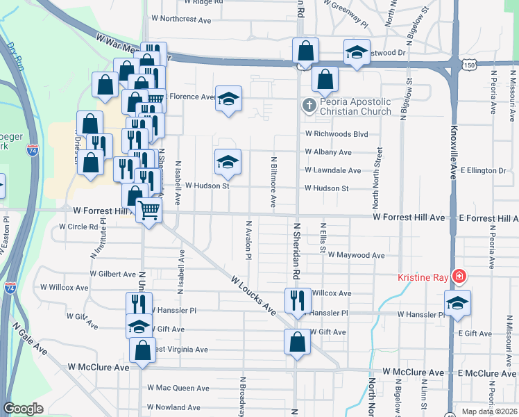 map of restaurants, bars, coffee shops, grocery stores, and more near 810 West Forrest Hill Avenue in Peoria