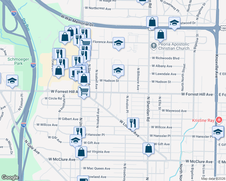 map of restaurants, bars, coffee shops, grocery stores, and more near 1010 West Forrest Hill Avenue in Peoria