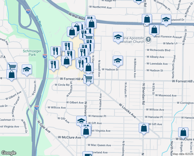 map of restaurants, bars, coffee shops, grocery stores, and more near 1200-1206 W Forrest Hill Ave in Peoria