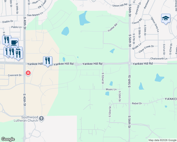map of restaurants, bars, coffee shops, grocery stores, and more near 4949 Yankee Hill Road in Lincoln