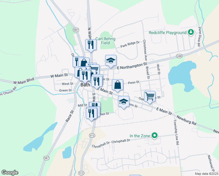 map of restaurants, bars, coffee shops, grocery stores, and more near 221 East Main Street in Bath