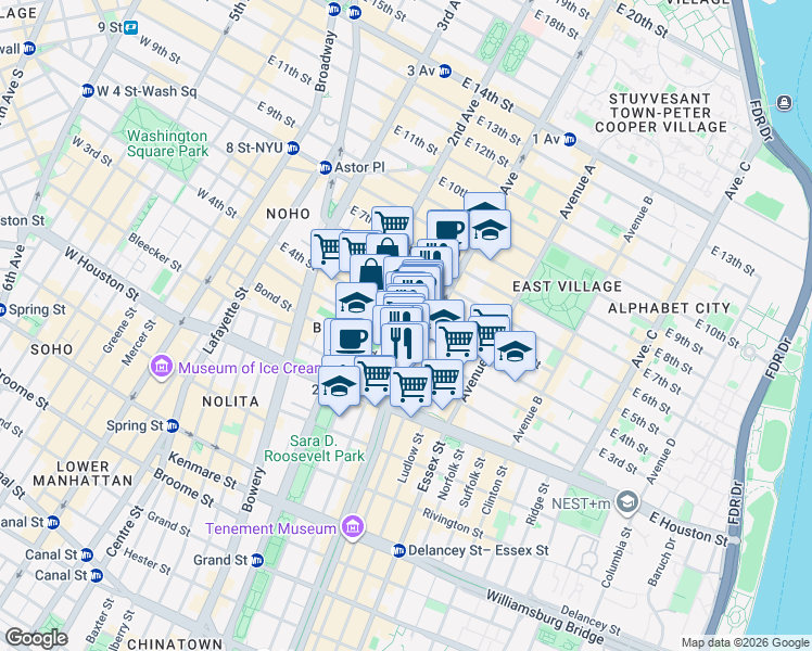 map of restaurants, bars, coffee shops, grocery stores, and more near 57 1st Avenue in New York