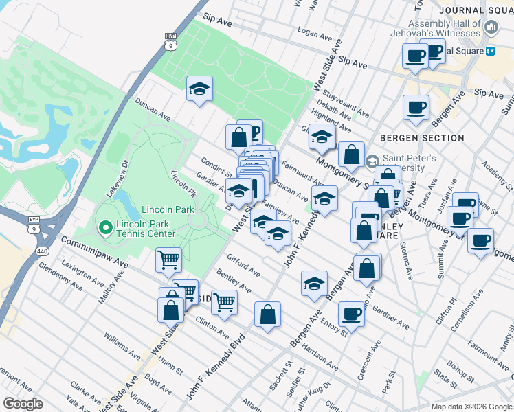 map of restaurants, bars, coffee shops, grocery stores, and more near 720 West Side Avenue in Jersey City