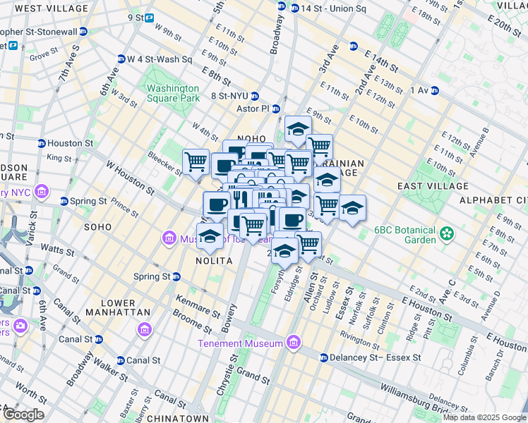 map of restaurants, bars, coffee shops, grocery stores, and more near 305 Bowery in New York