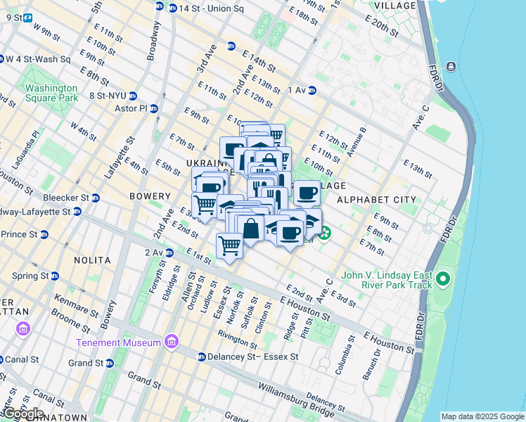 map of restaurants, bars, coffee shops, grocery stores, and more near 79 Avenue A in New York