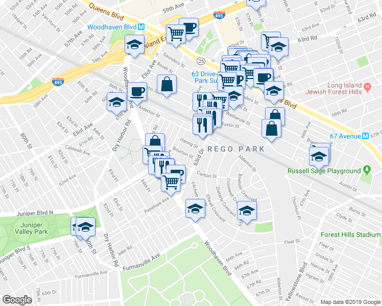 map of restaurants, bars, coffee shops, grocery stores, and more near 63-41 Bourton Street in Queens