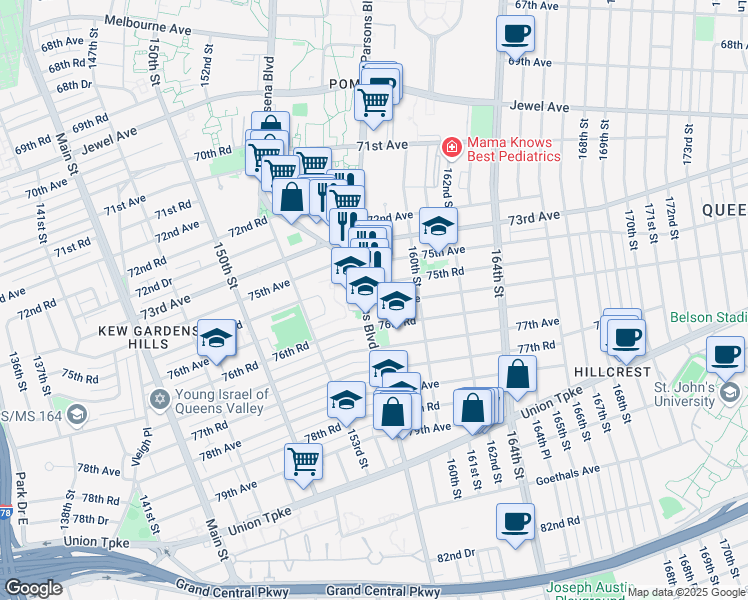 map of restaurants, bars, coffee shops, grocery stores, and more near 158-6 76th Avenue in Queens