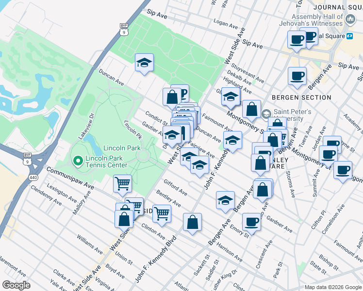 map of restaurants, bars, coffee shops, grocery stores, and more near West Side Avenue & Gautier Avenue in Jersey City