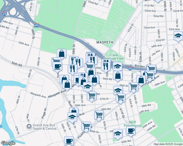 map of restaurants, bars, coffee shops, grocery stores, and more near 56-20 59th Street in Queens