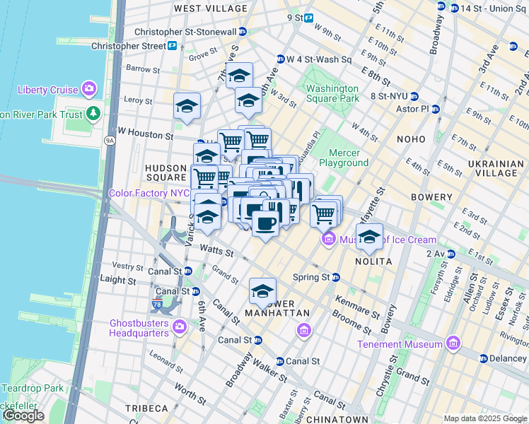 map of restaurants, bars, coffee shops, grocery stores, and more near 423 West Broadway in New York