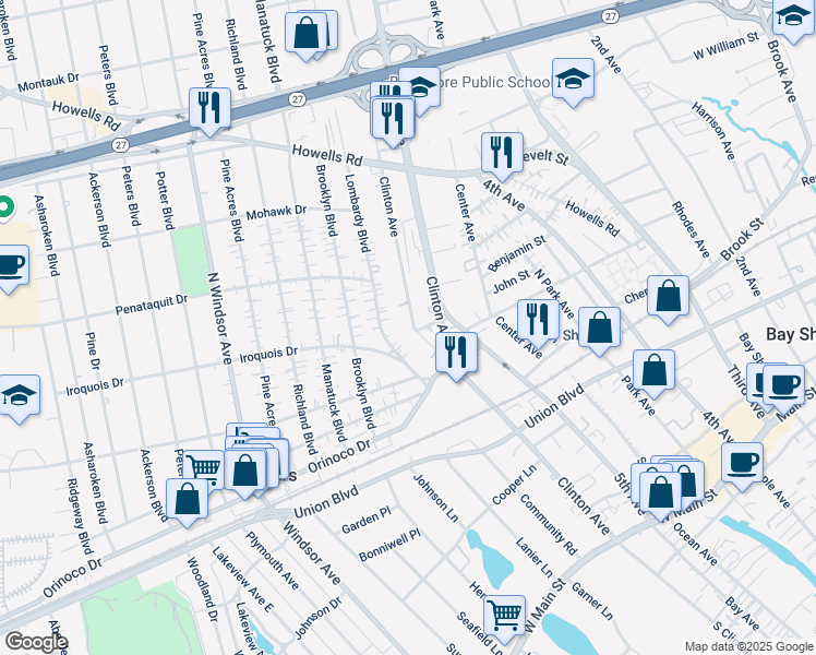 map of restaurants, bars, coffee shops, grocery stores, and more near 130 North Clinton Avenue in Bay Shore